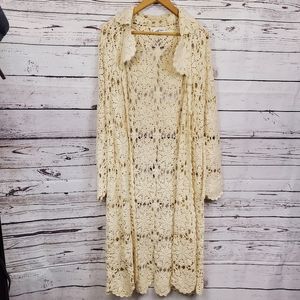 Newport News BOHO Cream Crochet Long Cardigan, Size Small